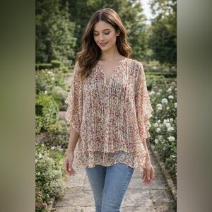 Sundance floral pleated sheer flutter sleeve blouse M